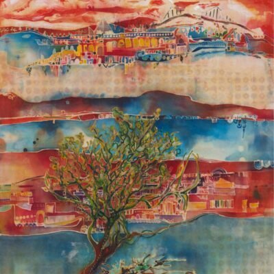painting of a green tree, with hills and colorful, abstract buildings in the background.