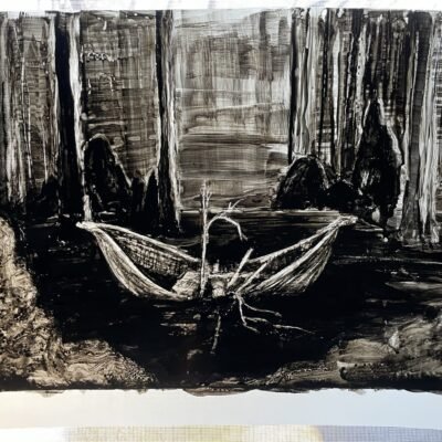 black and white painting of a broken boat in a lake.