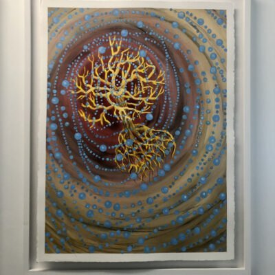 acrylic painting of tree branches with blue dots spiraling around it.