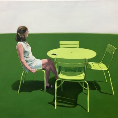 green painting of a women sitting at a green table set and chairs.