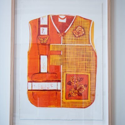 linoleum print of a decorated, high visibility workers vest titled Trabajadores 2 by Angela Faz