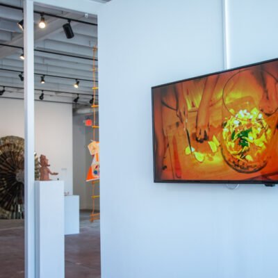 installation view of a digital video of a person sitting on the floor and cutting citrus fruits from Perennial Annal by Pallavi Govindnathan