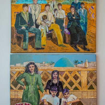 two acrylics paintings of the artist's family sitting on a rooftop, By Lahib Jaddo