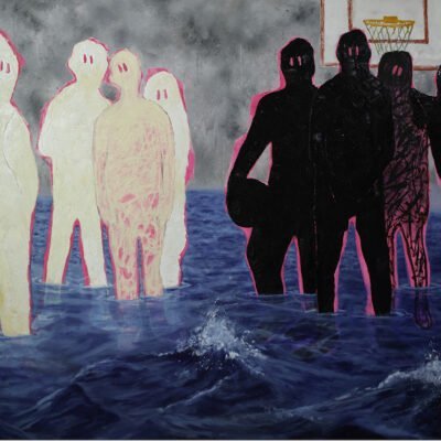 OIl painting of black and white ghost-like figures standing in a shallow ocean with a basketball and hoop by Alexis Hunter