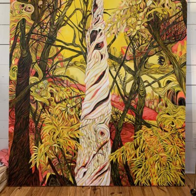 work in progress painting of a stylized woodland scene in warm colors by Valerie Fowler