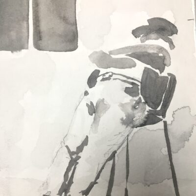 Black and white watercolor painting of a man sitting.
