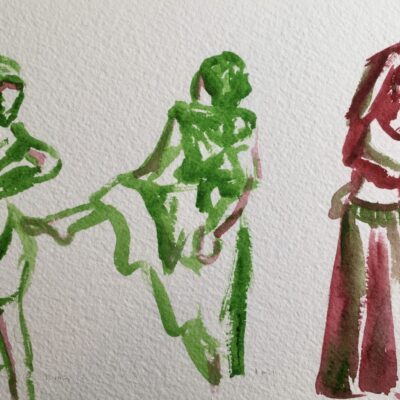 Green and red figure watercolor painting.