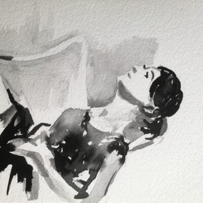 Black and white watercolor painting of woman looking at the ceiling.