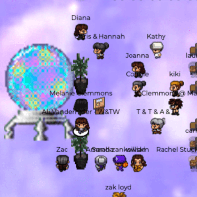 screenshot of participants avatars at the virtual Opening Reception for Melanie Clemmons’ Likes Charge