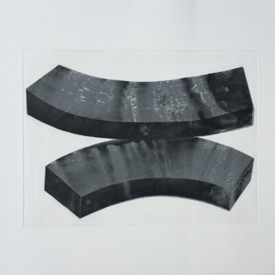 black and white intaglio print of two soft arches touching