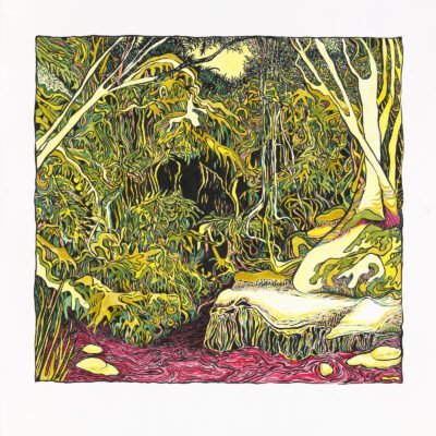ink and watercolor painting of a stylized woodland scene in shades of green, yellow, red, and black