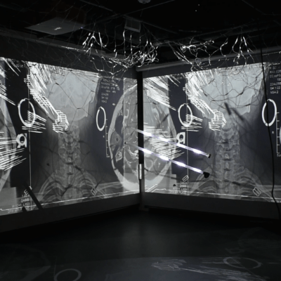 gallery view of Pillar Of Cloud, two video screens with an x-rays of spines and skulls surrounded by LED lights