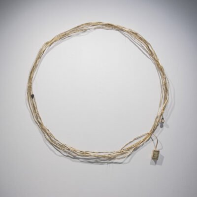sculpture of gold power cord and plug in wrapped into a circle on the wall.