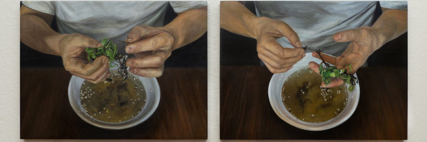 oil paintings of hands holding a venus flytrap above a bowl.