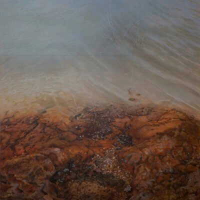 acrylic painting of the edge of a lake, pebbles are sitting under the water..