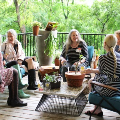 photo of women socializing on an outdoor patio