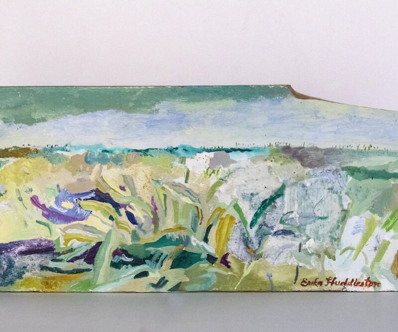 Erika Huddleston, Landscape Recording Static/ Dynamic: Trinity River Levee, oil on wood, 18" x 6"