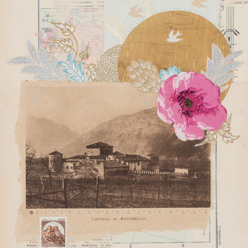Yasmin Youssef; Vintage Italy Landscape; vintage ephemera, acrylic, ink, gold leaf on paper; 11" x 14"