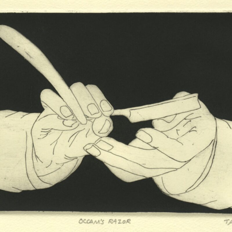 Thomas A Druecker, Occam's Razor, etching/aquatint, 10" x 12"
