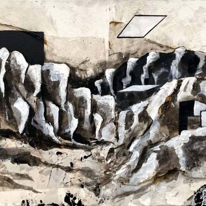 Taylor Bailey, "Rocky Ridge"; charcoal, acrylic, ink, tea, and relief print on burnt and destroyed vellum collaged on panel; 12" x 24"
