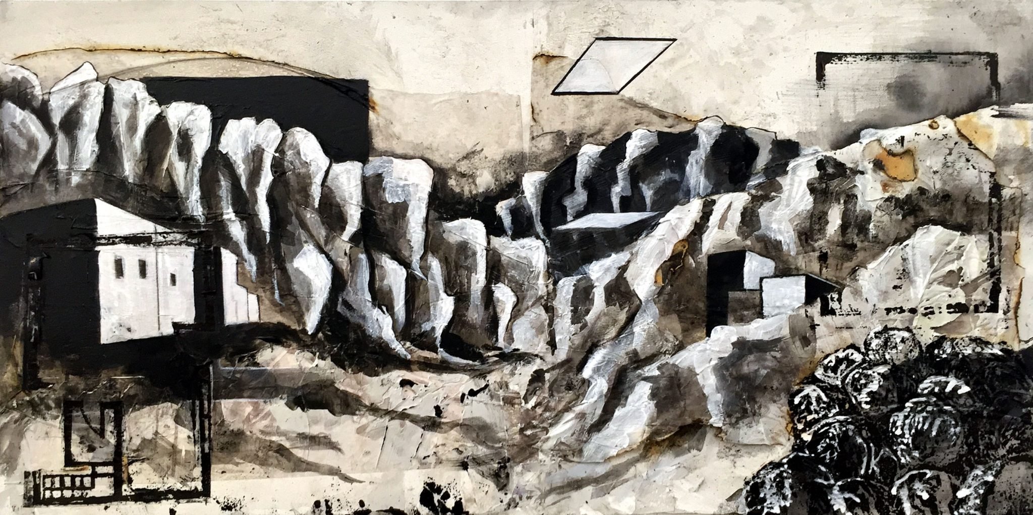 Taylor Bailey, "Rocky Ridge"; charcoal, acrylic, ink, tea, and relief print on burnt and destroyed vellum collaged on panel; 12" x 24"