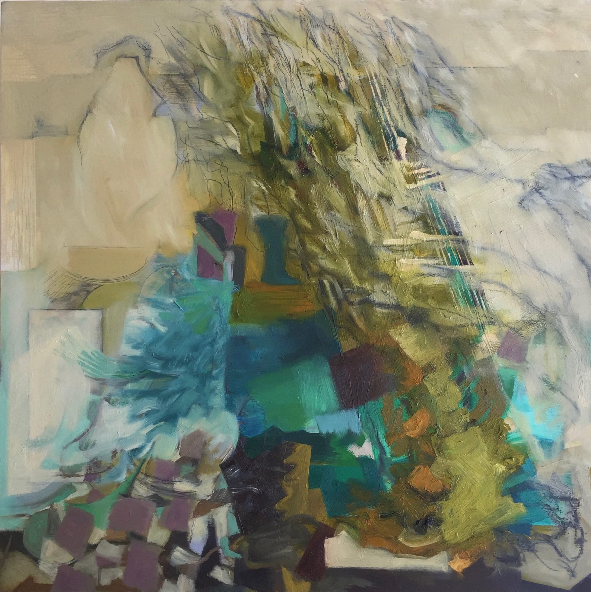 Liz Penniman, "Seaweed and Chalk"; Oil paint and graphite on wood panel; 16" x 16"