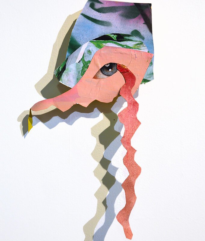 Christine Garvey, "Cord"; Collage, cut canvas, spray-paint, mixed media on panel; 14" x 8"