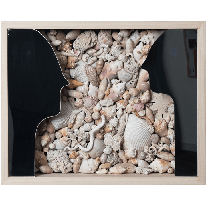 Hallie Rae Ward, "You & Me: Coming Out of Our Shells"; Mirrored Acrylic, Seashells, and Wood ; 16" x 20" x 4"
