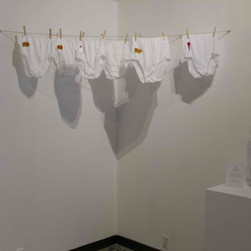 Denise Price, Futuro House, Nipples of Saint Agnes, and Leggs, 2017, embroidered panties