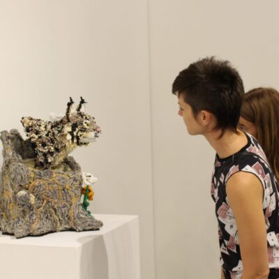 Person viewing a knit sculpture of an animal head.