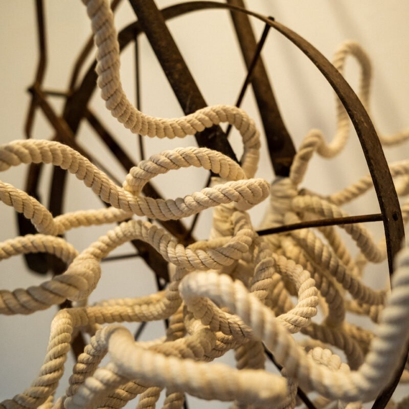 Jenelle Esparza, Cultivator (detail), 2021, Family heirloom, cotton rope, wire, 57 x 34 x 38”